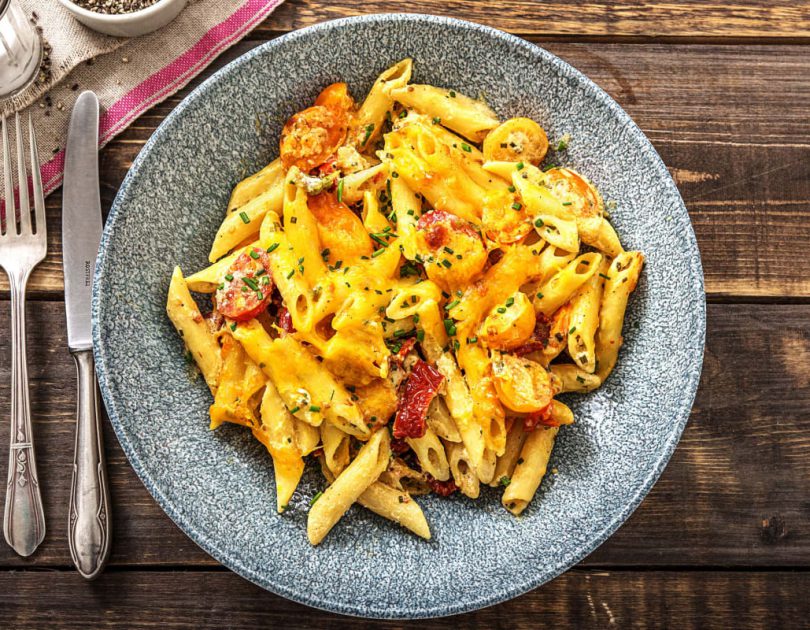 Überbackene Penne mit getrockneten Tomaten