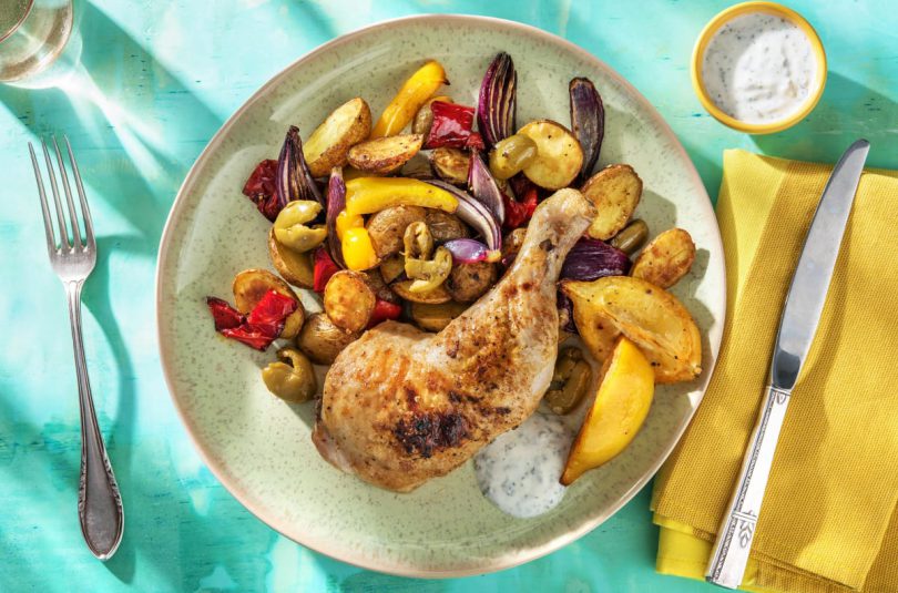 Harissa-Hähnchenkeulen mit grünen Oliven