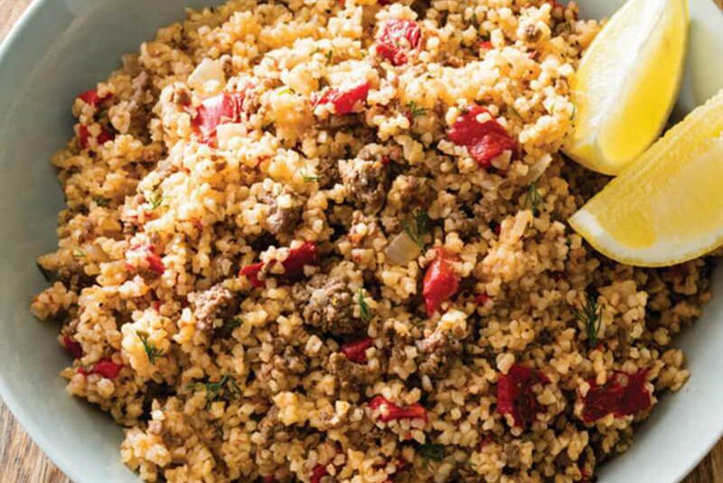 Bulger with Herbed Lamb and Roasted Red Peppers