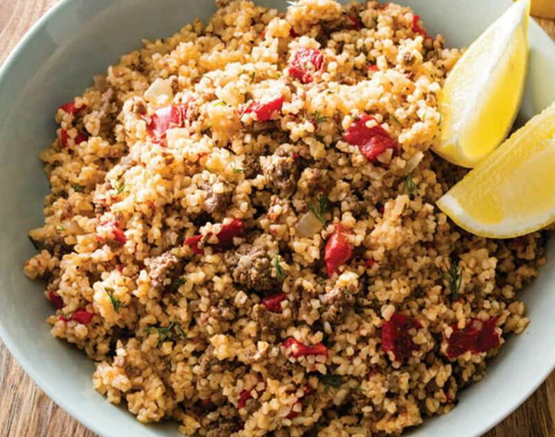 Bulger with Herbed Lamb and Roasted Red Peppers