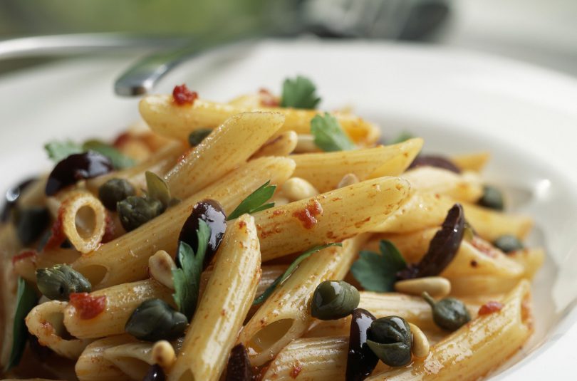 Penne with Roasted Cherry Tomatoes, Olives, Capers, and Pine Nuts