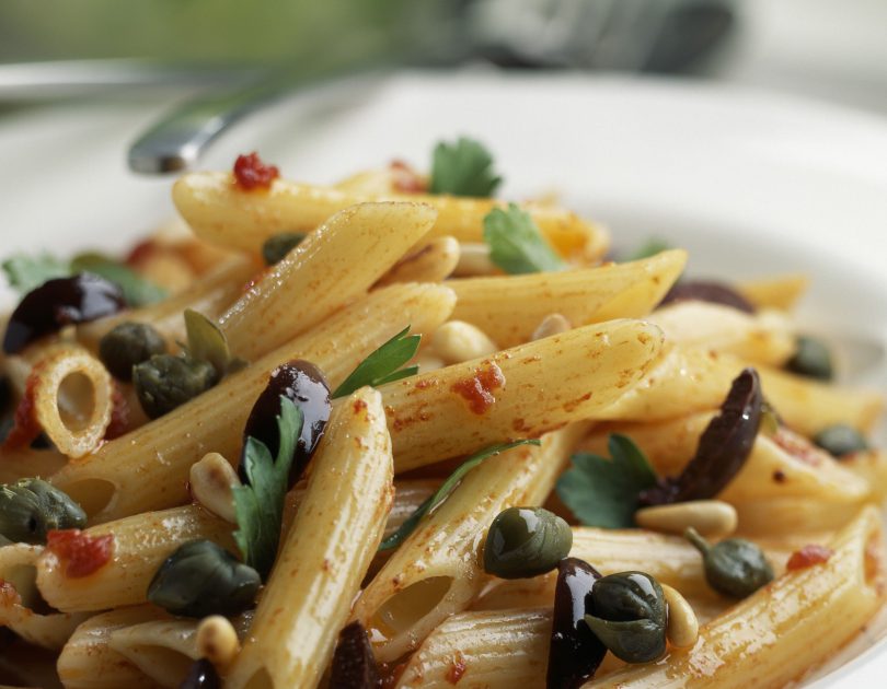 Penne with Roasted Cherry Tomatoes, Olives, Capers, and Pine Nuts