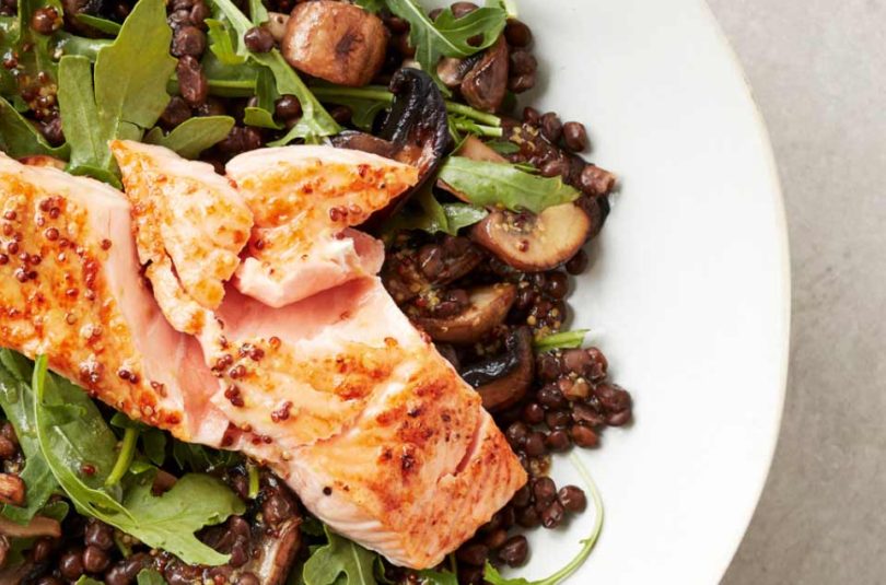 Grilled Salmon with Garlic, Mushroom and Lentil Salad