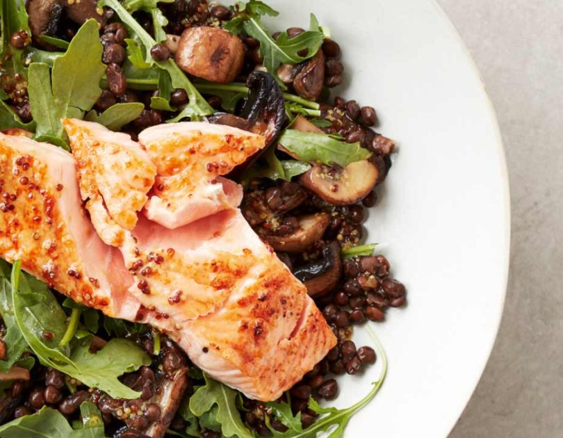 grilled-salmon-with-garlic-and-salad Grilled Salmon with Garlic, Mushroom and Lentil Salad