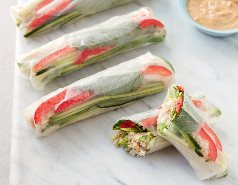 chicken-quinoa-rolls Chicken and Quinoa Satay Rice Paper Rolls