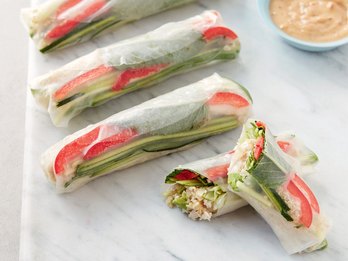 chicken-quinoa-rolls Chicken and Quinoa Satay Rice Paper Rolls