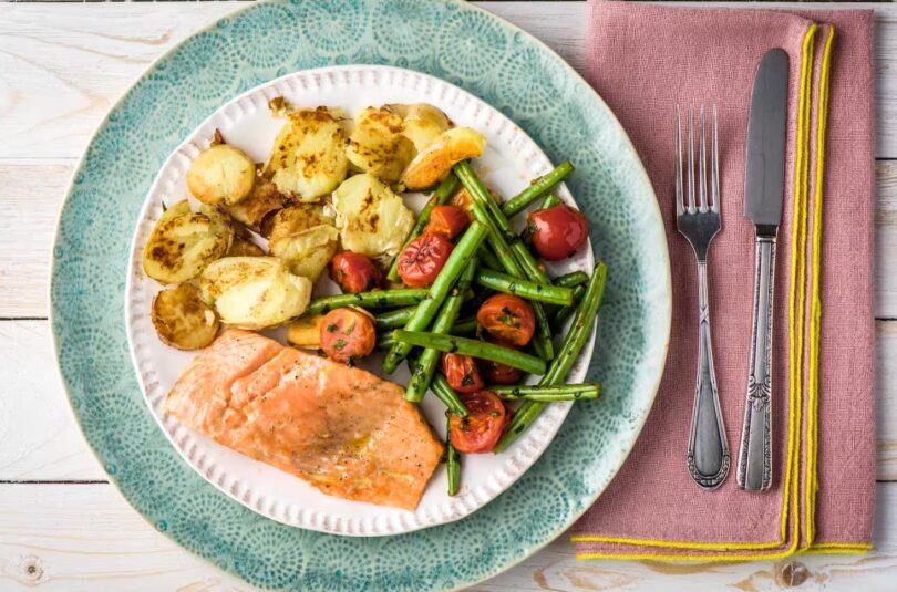 salmon Roasted Salmon with Tomatoes & Crushed Potatoes
