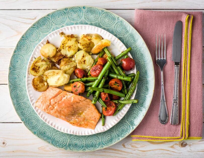 Roasted Salmon with Tomatoes & Crushed Potatoes