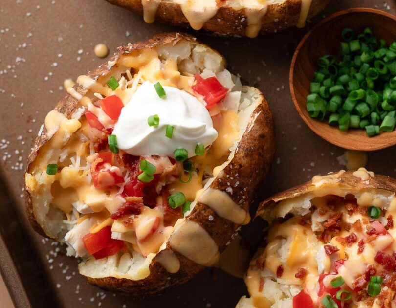 LOADED BAKED POTATOES WITH PANCETTA, BROCCOLI & CHEDDAR CHEESE