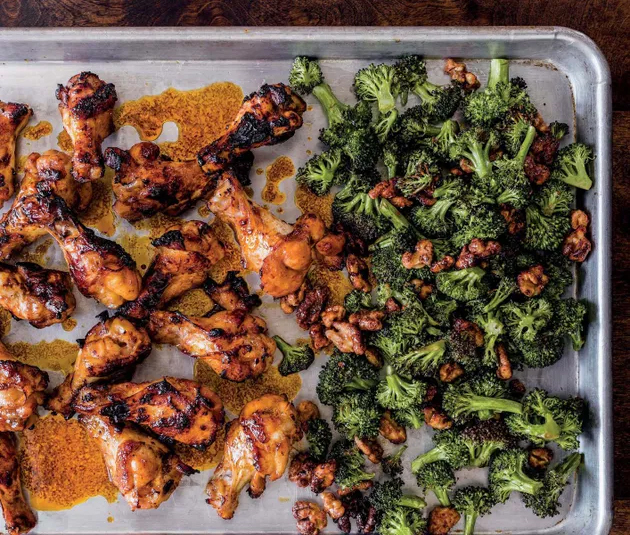 SPICY ASIAN CHICKEN DRUMETTES WITH BROCCOLI & SPICED WALNUTS