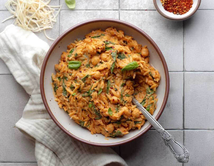 Creamy Tomato Orzo with Peas and Spinach